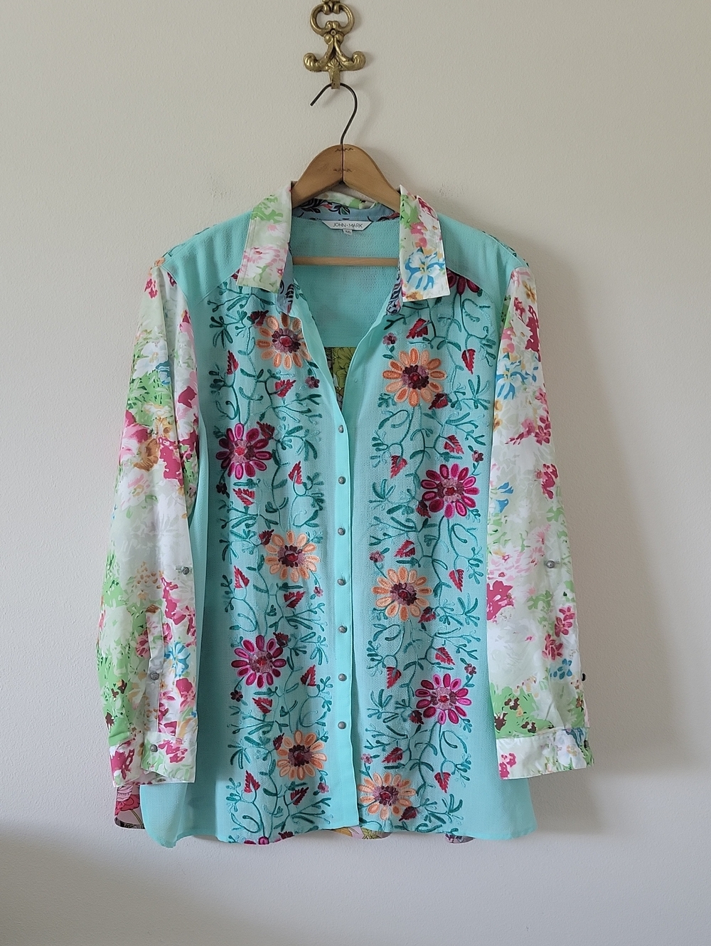 John Mark Embroidered Floral Patchwork Button Front Blouse Size 1X